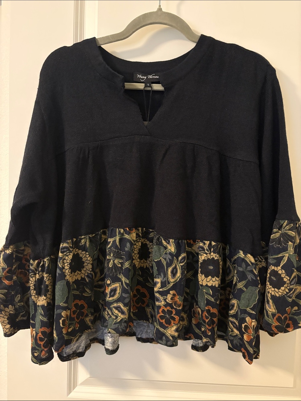 Young Threads Women's Black Floral Tiered Tunic